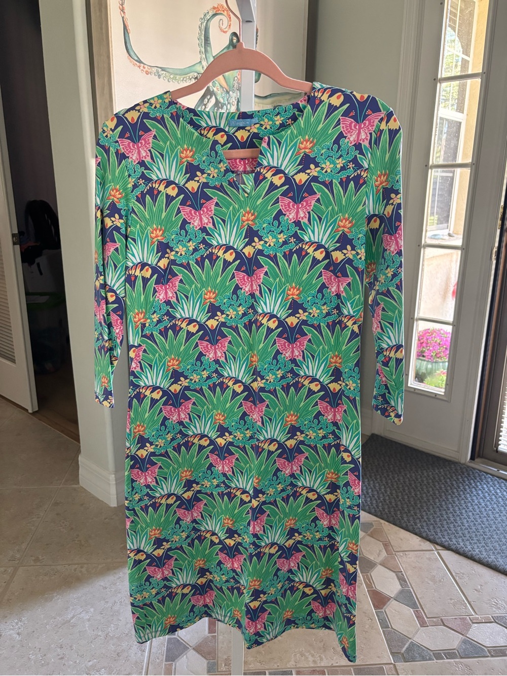 #072 long Sleeve Floral & Butterfly Dress - Green & Pink - SPF